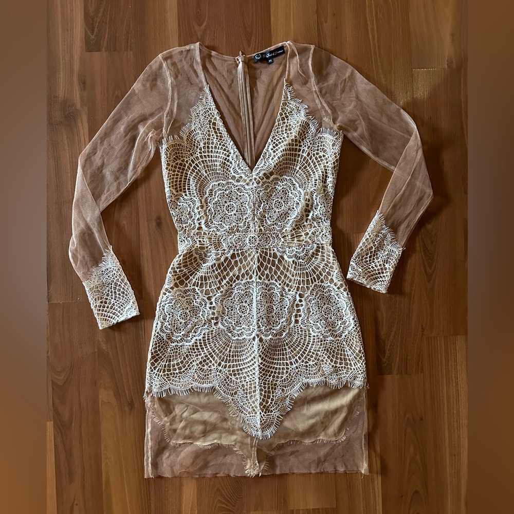 For Love And Lemons Beige Mesh Mini Dress with White Lace AppliquƩ